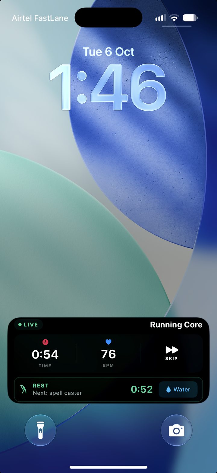 Lock Screen Live Activity during rest, with a countdown, Skip and Water buttons